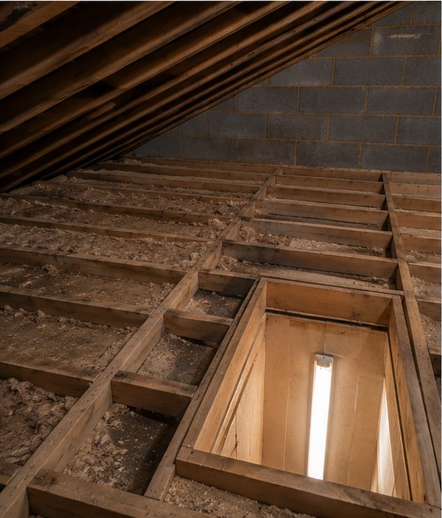 Before: the loft of a 1930s semi on a long suburban street in Manchester, ahead of the mineral wool top-up